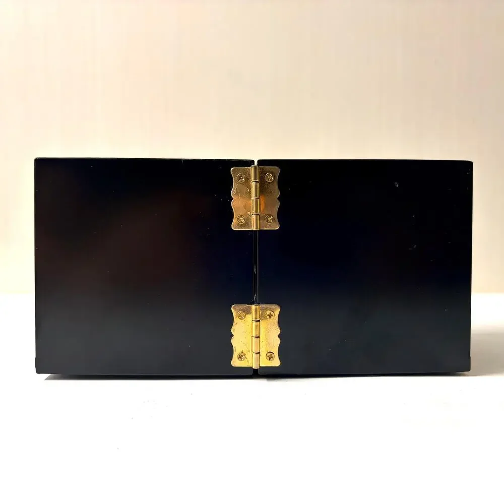 Vintage Asian Mother of Pearl Black Laquer Wood Jewelry Box Hinged AS IS
